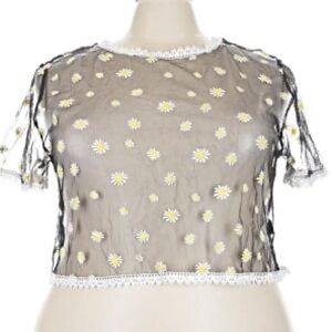 SHEIN Daisy Print Black Sheer Mesh Short Sleeve Lace Top Women’s 4XL Plus Size